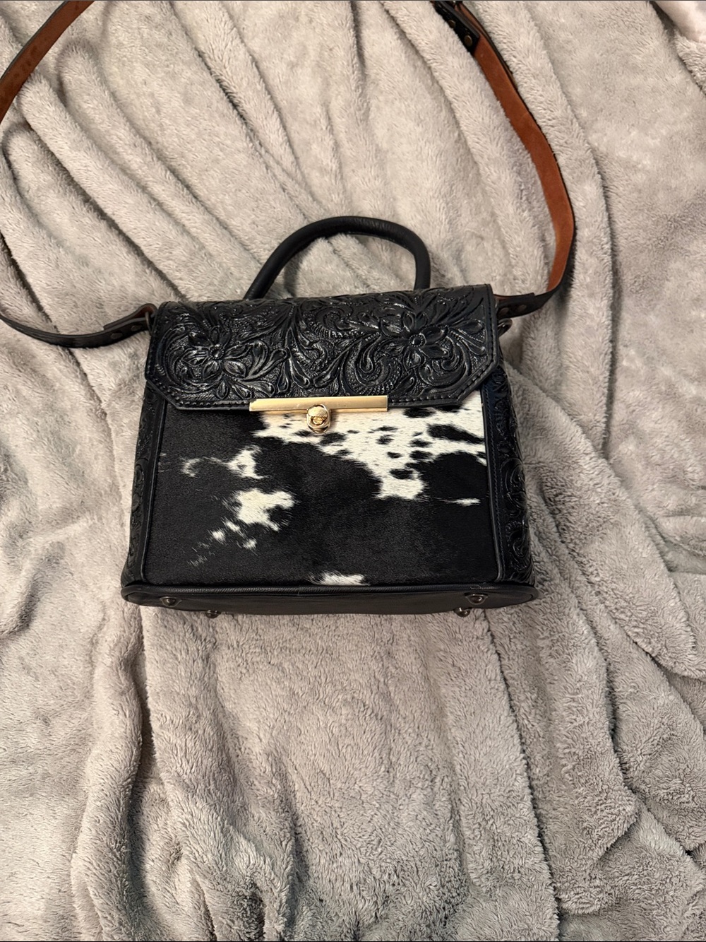 Black and White Cowhide Embossed Leather Top-Handle Satchel NWOT
